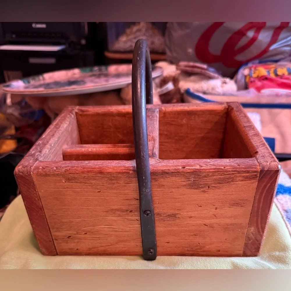 Handcrafted wooden caddy with four compartments and a wrought iron steel handle